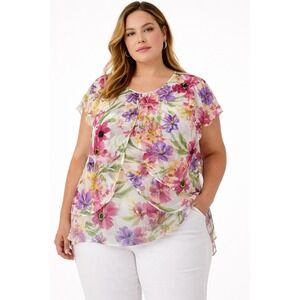 Joie 2XL Floral Tulip Hem Dress Sheer Layered White Pink Purple Romantic Resort